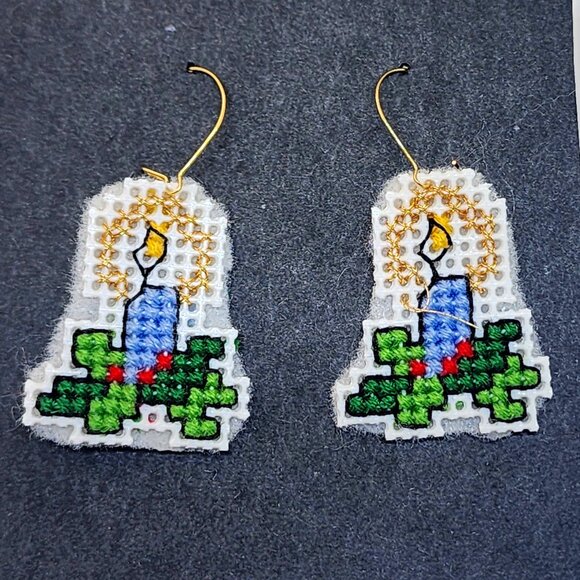 Holiday Christmas Blue Candle Cross Stitch Handmade Dangle Pierced Earrings - Picture 1 of 6
